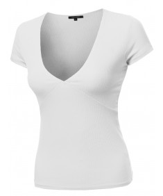 Women's Short Sleeve Ribbed V-neck Plunge Top Various Colors