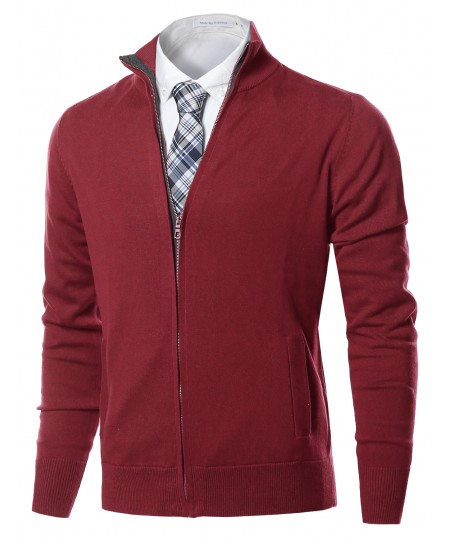 Men's Classic Full Zip Up Mock Neck Basic Sweater Cardigan Top