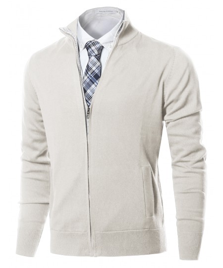 Men's Classic Full Zip Up Mock Neck Basic Sweater Cardigan Top