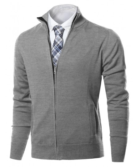 Men's Classic Full Zip Up Mock Neck Basic Sweater Cardigan Top