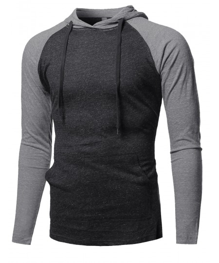 Men's Casual Raglan Long Sleeve Kangaroo Pocket Hooded Top