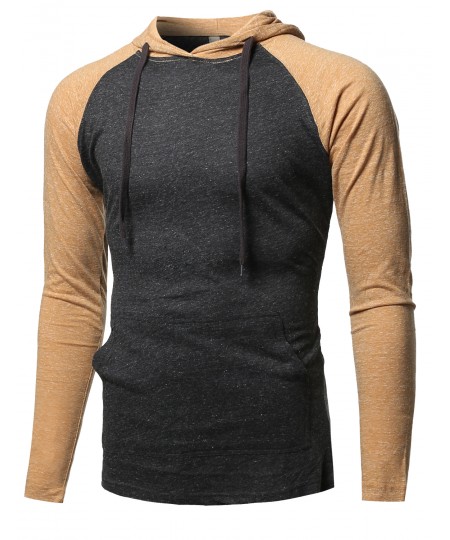 Men's Casual Raglan Long Sleeve Kangaroo Pocket Hooded Top