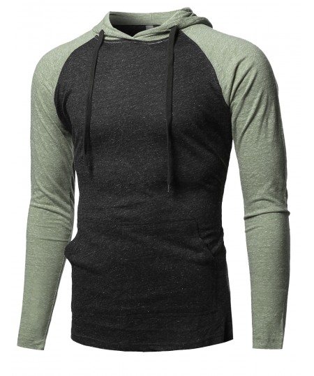 Men's Casual Raglan Long Sleeve Kangaroo Pocket Hooded Top