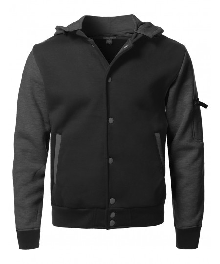 Men's Fleece Baseball Detachable Hoodie Varsity Jacket