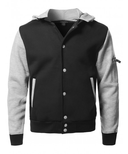 Men's Fleece Baseball Detachable Hoodie Varsity Jacket