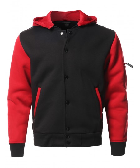 Men's Fleece Baseball Detachable Hoodie Varsity Jacket