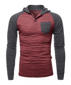 Men's Casual Raglan Long Sleeves Chest Pocket Hooded Top