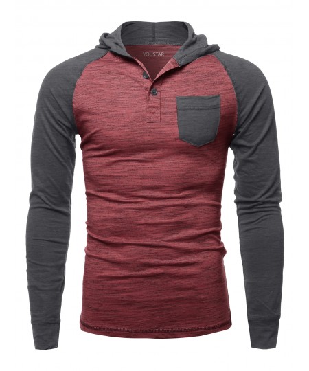 Men's Casual Raglan Long Sleeves Chest Pocket Hooded Top