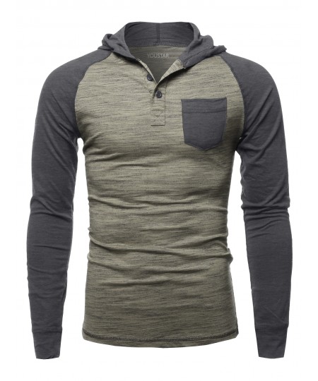 Men's Casual Raglan Long Sleeves Chest Pocket Hooded Top