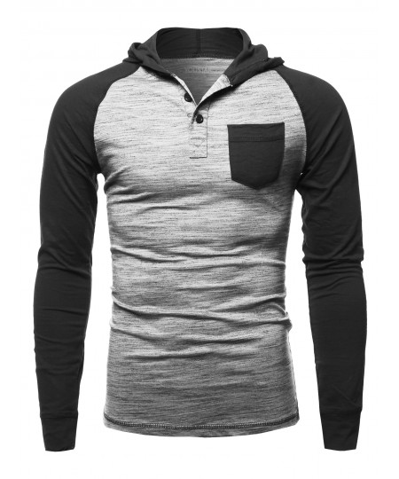 Men's Casual Raglan Long Sleeves Chest Pocket Hooded Top