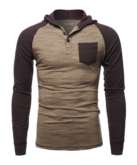 Men's Casual Raglan Long Sleeves Chest Pocket Hooded Top