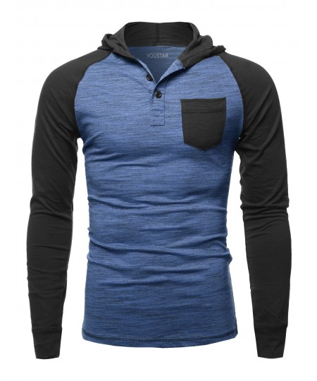 Men's Casual Raglan Long Sleeves Chest Pocket Hooded Top