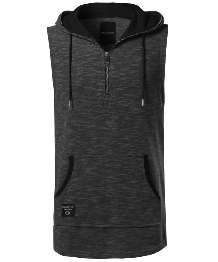 Men's Casual Active Sleeveless French Terry Kangaroo Pocket Drawstring Hoodie