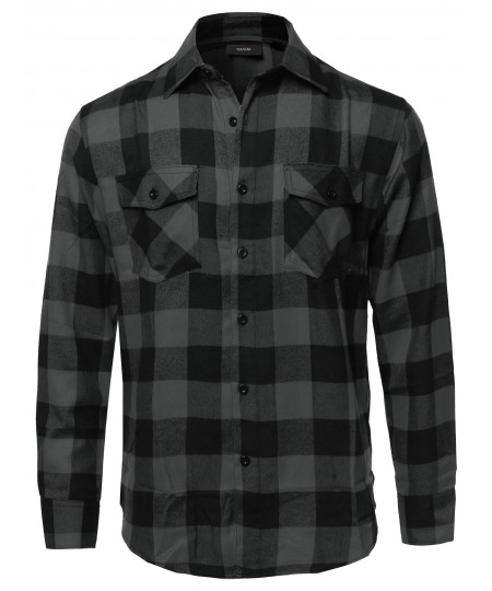 Men's Casual Flannel Long Sleeves Plaid Checker Shirt