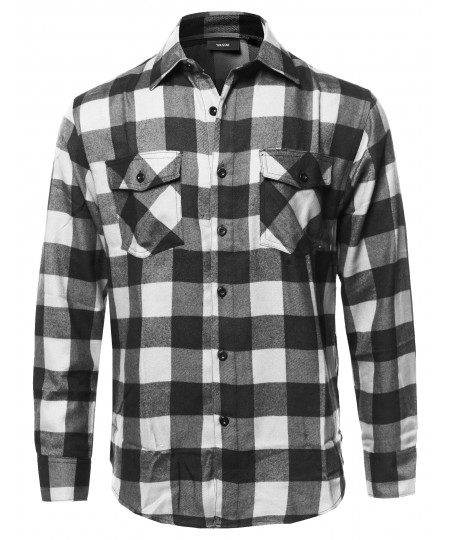 Men's Casual Flannel Long Sleeves Plaid Checker Shirt