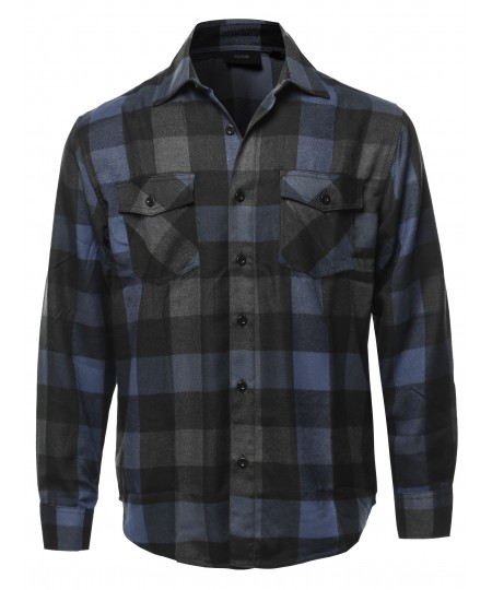 Men's Casual Flannel Long Sleeves Plaid Checker Shirt