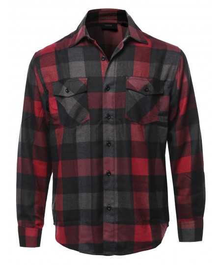 Men's Casual Flannel Long Sleeves Plaid Checker Shirt