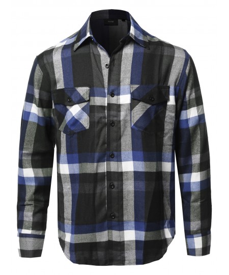 Men's Casual Flannel Long Sleeves Plaid Checker Shirt