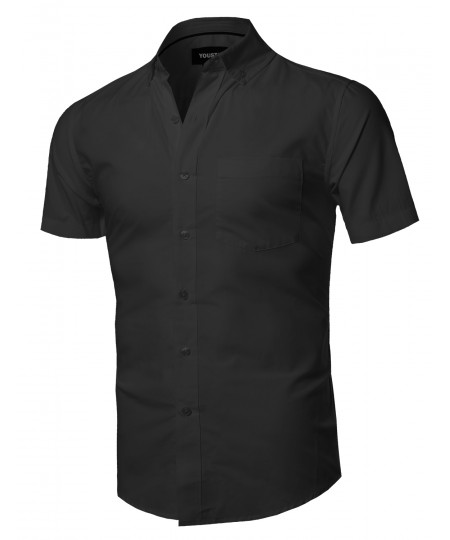 Men's Basic Chest Pocket Short Sleeve Button Down Point Collar Shirt