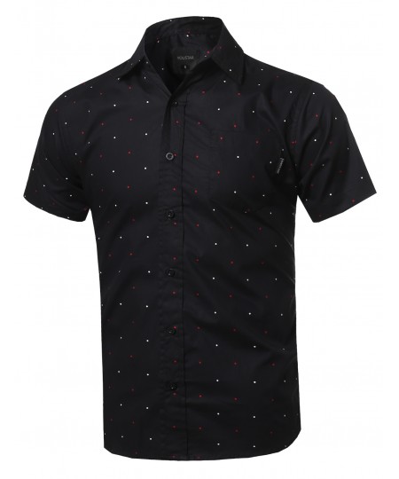 Men's Polka Dot Button Down Chest Pocket Short Sleeves Shirt