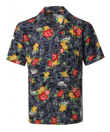 Men's Beach Hawaiian Tropical Caribbean Print Button Down Shirt