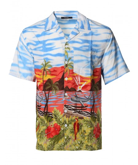 Men's Beach Hawaiian Tropical Caribbean Print Button Down Shirt