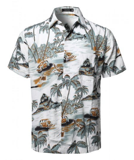 Men's Hawaiian Tropical Print Button Down Short Sleeve Shirt