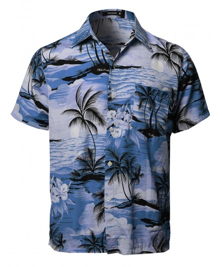 Men's Hawaiian Tropical Print Button Down Short Sleeve Shirt