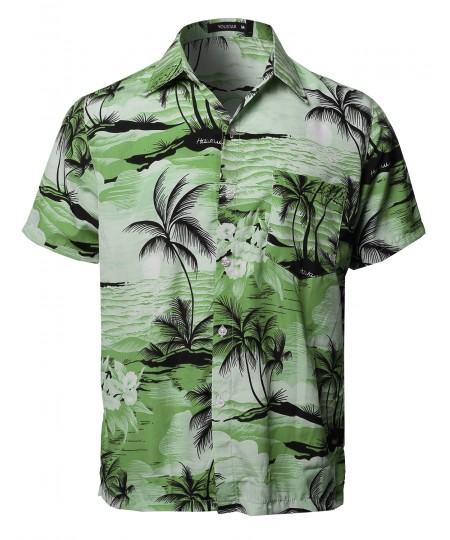 Men's Hawaiian Tropical Print Button Down Short Sleeve Shirt