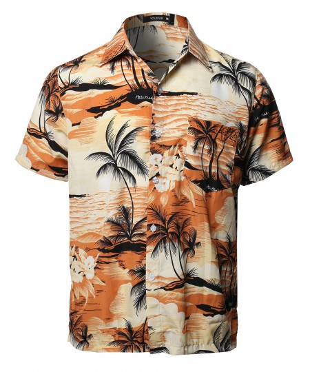 Men's Hawaiian Tropical Print Button Down Short Sleeve Shirt