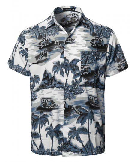 Men's Hawaiian Tropical Print Button Down Short Sleeve Shirt