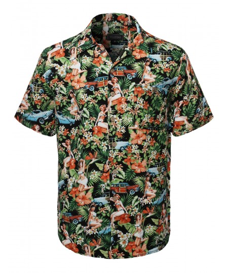 Men's Tropical Hawaiian Print Button Down Short Sleeves Chest Pocket Shirt