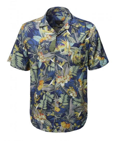 Men's Tropical Hawaiian Print Button Down Short Sleeves Chest Pocket Shirt