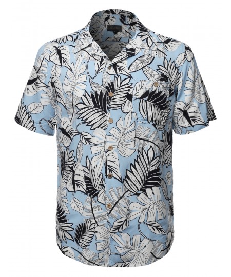 Men's Tropical Hawaiian Print Button Down Short Sleeves Chest Pocket Shirt