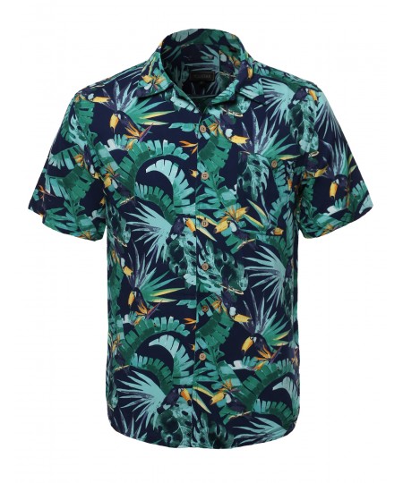 Men's Tropical Hawaiian Print Button Down Short Sleeves Chest Pocket Shirt