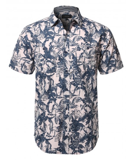 Men's Tropical Hawaiian Print Button Down Short Sleeves Chest Pocket Shirt