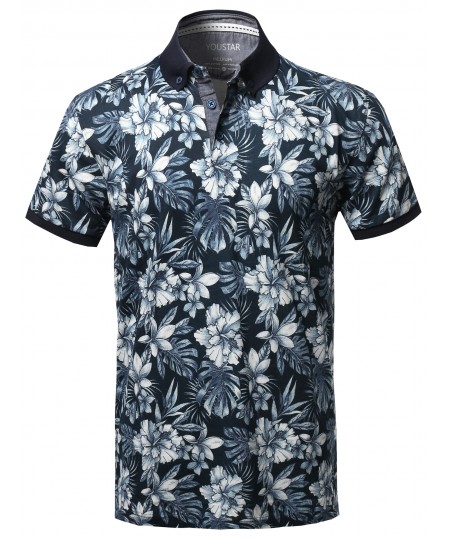 Men's Casual Floral Print Short Sleeve Polo Top