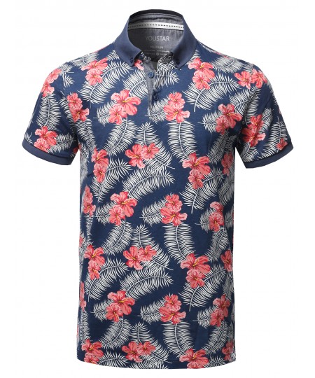 Men's Casual Floral Print Short Sleeve Polo Top