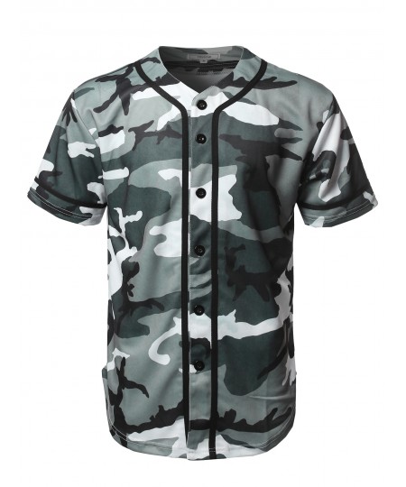 Men's Camouflage Front Button Closure Athletic Baseball Inspired Jersey Top