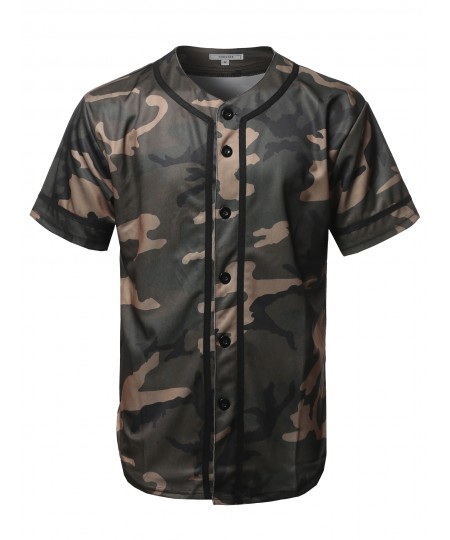 Men's Camouflage Front Button Closure Athletic Baseball Inspired Jersey Top