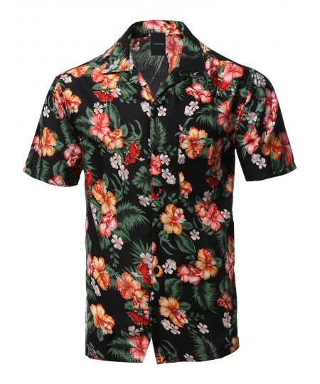 Men's Casual Beach Hawaiian Tropical Print Button Down Shirt