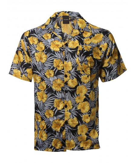 Men's Casual Beach Hawaiian Tropical Print Button Down Shirt