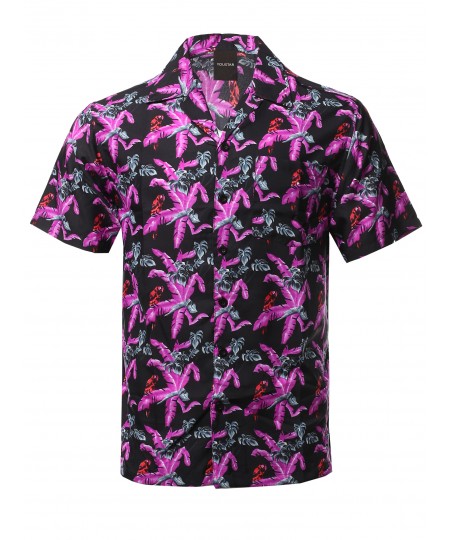 Men's Casual Beach Hawaiian Tropical Print Button Down Shirt