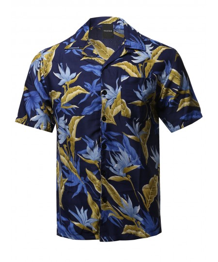 Men's Casual Beach Hawaiian Tropical Print Button Down Shirt