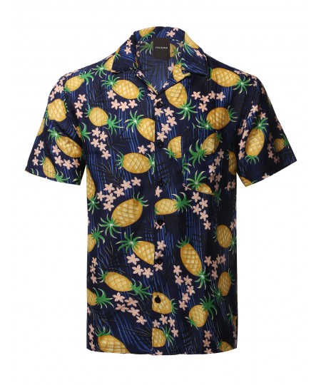 Men's Casual Beach Hawaiian Tropical Print Button Down Shirt