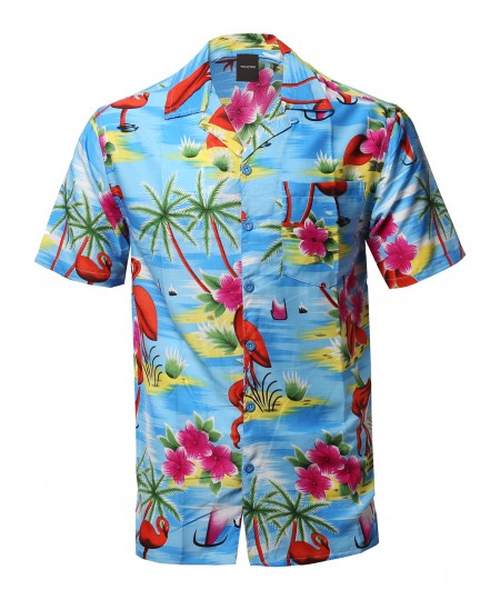 Men's Casual Beach Hawaiian Tropical Print Button Down Shirt