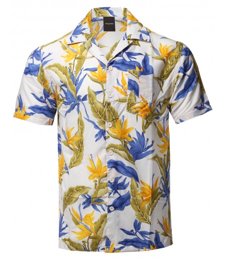 Men's Casual Beach Hawaiian Tropical Print Button Down Shirt