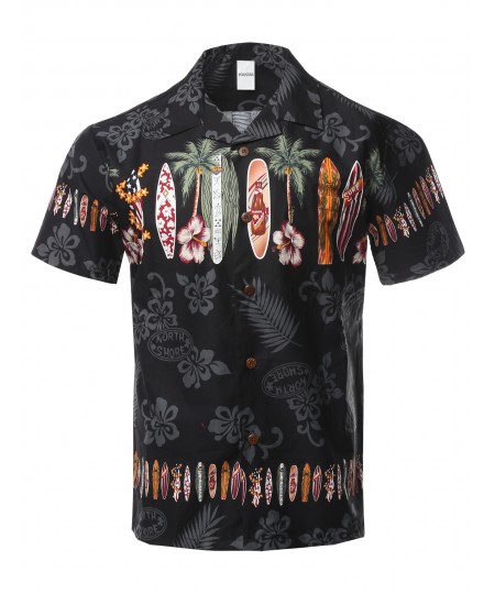 Men's Casual Beach Hawaiian Tropical Print Button Down Cotton Shirt