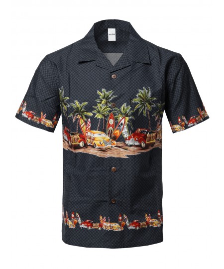 Men's Casual Beach Hawaiian Tropical Print Button Down Cotton Shirt