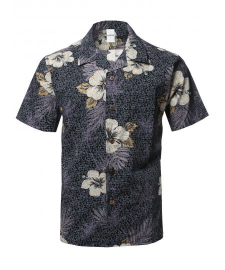 Men's Casual Beach Hawaiian Tropical Print Button Down Cotton Shirt